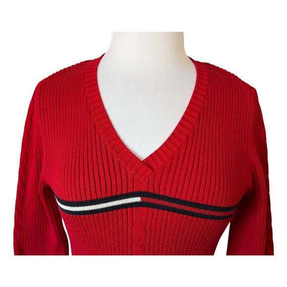 Vintage Y2K Tommy Hilfiger Red Ribbed V-Neck Cable Knit Sweater Women's M - Picture 5 of 8